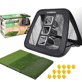 CHAMPKEY Double Sided Golf Chipping Net Come with Tri-Turf Hitting Mat and 12 Foam Golf Balls - 5 Ply-Knotless Netting Golf Targets System Ideal for Short and Long Distance Training (Standard Version)