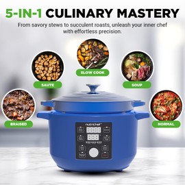 6 Quart Electric Dutch Oven | 1500W 5-in-1 Enamel Coated Cast Iron Pot with Stainless Steel Lid | Precise Temperature Control | Includes 2 Silicone Pot Holders & Heat Resistant Pad | Blue