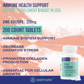 WELMATE Zinc Sulfate 220mg | Dietary Supplement | Immune Health Support | 200 Count Tablets