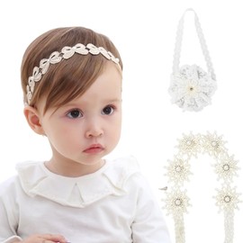 Anseom 3Pcs Baby Girl Headbands, Soft Lace Headwear for Newborn, Elastic Flower Hair Accessories for Toddlers, Kids Bowknot Headband for Infant Girls Gift Photography