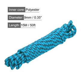 sourcing map Polypropylene Rope Diamond Braid Nylon Cord 3/8" 50ft/15m High Strength for Indoor Outdoor Camping Boating Clothes Line - 9mm,Blue/Black