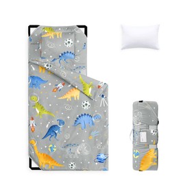 Wake In Cloud - Cot Nap Mat with Pillow and Blanket, for Toddler Kids Boys in Daycare Kindergarten Preschool Pre K with Elastic Corner Straps, Dinosaur Astronauts Rocket Space, Gray