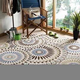 SAFAVIEH Veranda Collection 8' Round Cream/Blue VER091 Boho Floral Indoor/ Outdoor Non-Shedding Easy Patio Backyard Porch Deck Mudroom Area Rug