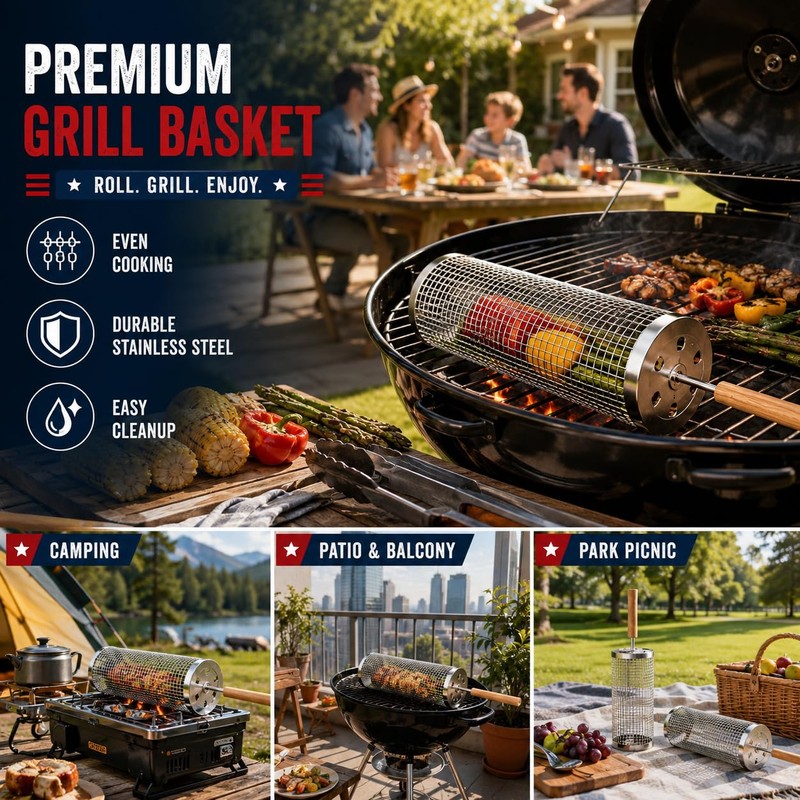 Rolling Grill Basket 2-Pack 304 Stainless Steel Grill Basket with