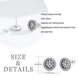 Twoowl Viking Compass Earrings 925 Sterling Silver Norse Viking Runes Stud Earrings Viking Jewelry for Men Women, 0.43inch, Sterling Silver, Cubic Zirconia