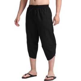 LUYIJIESHENG Men's Black Linen Capri Pants Beach Yoga Baggy 3/4 Shorts Lightweight Drawstring Elastic Waist with Pockets Size XL