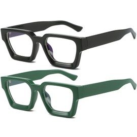AIEYEZO anteojos cuadradas de marco grueso para mujeres y hombres, anteojos de luz azul, modernas y elegantes para computadora, Paquete de 2 (negro + verde), MM