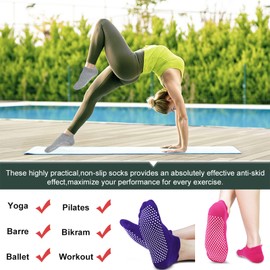 Pilates Yoga Socks Women, 4 Pairs Non Slip Barre Home Hospital Barefoot Workout Grip Slipper Socks (01 Black+Grey+Dark Purple+Rose Red(4 pack), 5-8)