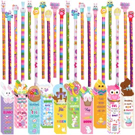 90Pcs Easter Bookmarks and Pencils with Cute Pencil Toppers Set Fun Bulk Kids Students Supplies for Easter Classroom Rewards Basket Stuffers Gifts Party Favors