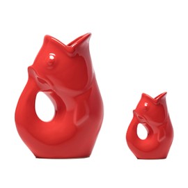 Gurgle Pot Fish Pitcher- Set of 2, Bright Red, French Inspired Design, Large Pitcher 42 oz. with matching 3 Creamer, Perfect Indoor or Outdoor Tableware., Fluid Ounces and