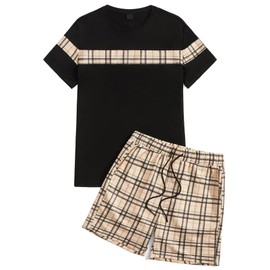 GORGLITTER Men's Plaid Print Casual Short Sleeve T Shirts and Shorts Tracksuit Set Khaki and Black X-Large