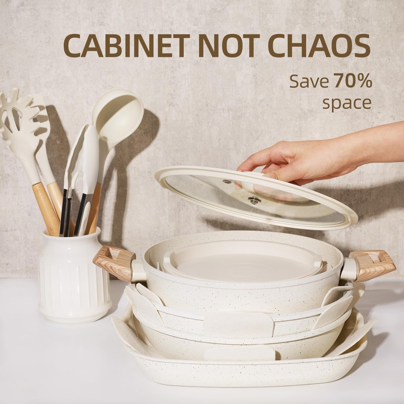 BECIGAR 23PCS Ceramic Pots and Pans Set,Nonstick, Removable Handle Pots