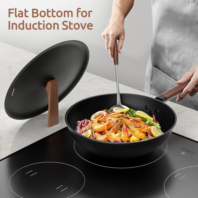Todlabe Carbon Steel Wok, 13-Inch, Pre-Seasoned, Non-Stick, with Lid and