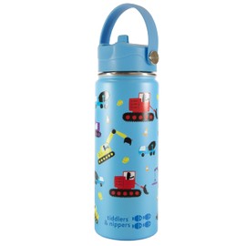 Tiddlers & Nippers Vakuumisolierte doppelwandige Kinder-Wasserflasche aus Edelstahl, mit auslaufsicherem Strohhalm, 500 ml, hält 24 Stunden kühl und 10 Stunden warm (Bagger und LKW)
