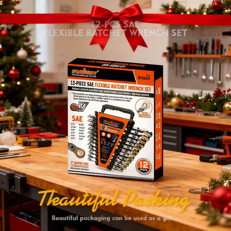 HORUSDY 12-Piece SAE Flex-Head Ratcheting Wrench Set with Organizer |