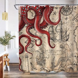 Fungarth Vintage Red Nautical Octopus Shower Curtain Mermaid Funny Ocean Kraken Shower Curtains for Bathroom Cool Anchor Coastal Map Waterproof Fabric Bath Curtain Decor with Hooks (Retro1, 72” x 72”)