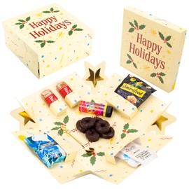 Explosion Gift Box with Treats – Premium Surprise Snack Box with Donuts, Cookies, Chips & More – Blank Design for Any Occasion – Party, Celebration, or Just Because Gift (Happy Holidays)