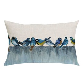 WENIANRU Ink Painting Watercolor Blue Birds Spring Home Sofa Chair Bed Decoration Lumbar Pillowcase Cotton Linen Decorative Throw Pillow Cover Case Rectangular 12 x 20 Inches
