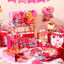 MotiMind 24 Pcs Valentine's Day Gift Bags Lovely Cartoon Gift Bags with Handles for Valentine's Day Wedding Anniversary Birthday Party Favors