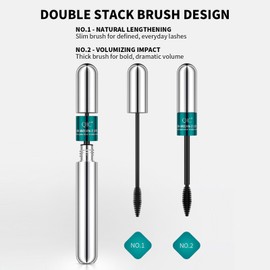 JIAYUTONG 2PCS 2-in-1 Dual Brush Mascara – Natural Lengthening & Volumizing Waterproof Mascara with Small & Large Wands for Customizable Lash Look, Clump-Free & Smudge Proof (Green&Silvery Tube-2PC)