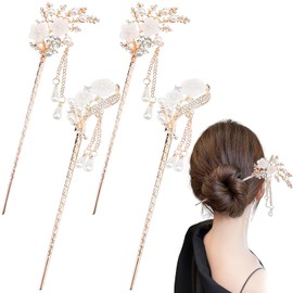 4 PCS Hair Sticks with Tassel Long Hairpins Chinese Hair Chopsticks Vintage Pearl Flower Hairpin Alloy Pins with Tassel Accessories Hair Pins Forks Chopstick Headpieces for Women and Girl