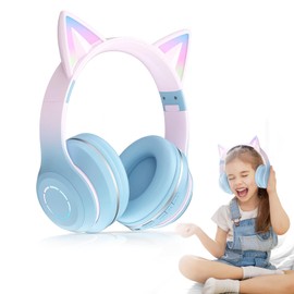 Cat Ears Wireless Earphone,Foldable Headphones with Kids Headphones, Soft Over Ear LED Light Music Headset,Adjust Headband,3.5mm Audio, Stereo Gaming Headset for Boys Girls Adults Gifts (Blue)