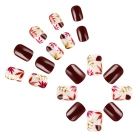 Press on Nails Short Square Fake Nails with Leaves Designs Brown Nails Press ons Glossy Glue on Nails Fall Winter Acrylic Nails Artificial Stick on Nails for Women 24Pcs