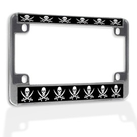 Fastasticdeals Metal Insert Bike License Plate Frame Pirate Skeleton Skull Crossed Weapon Weatherproof Motorcycle Accessories Chrome 4 Holes Solid Insert