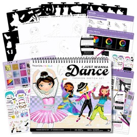 Fashion Angels I Just Wanna Dance Fashion Sketch Set, Create Dance-Themed Outfits with 35 Sketch Pages, 100+ Stickers & Stencils, Fun Craft Kit for Kids
