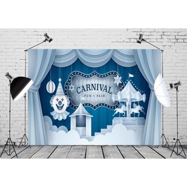 CORFOTO Fabric 5x4ft Circus Backdrop Photography Blue Stage Curtain Show Clown Carousel Carnival Background for Baby Shower Kids Birthday Party Banner Child Room Decor Portrait Photo Booth Props