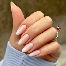 Qsnidy Press on Nails Almond, Ombre Nude to White Fake Nails Medium Press Ons, Glossy Full Cover Glue On Nails for Women Daily Wear, Natural Fit Acrylic Stick on Nail Kit - 24 Pieces in 12 Sizes