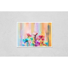 Abstract colorful oil painting on canvas. Semi- abstract image of flowers, in yellow and red with blue color. Hand drawn brush stroke, oil color paintings. Modern art oil paintings for background