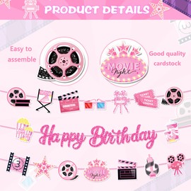 Pink Movie Night Birthday Banner & Decor Kit - Popcorn Camera Film Theme Party Supplies for Girls, Baby Showers, Theater Theme Decorations (Happy Birthday Sign + 16 Cards)