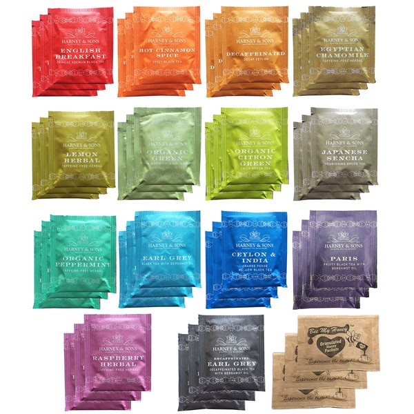 Harney & Sons Assorted Tea Bag Sampler 42 Count With Honey Crystal Packs Great for Birthday, Hostess and Co-worker Gifts