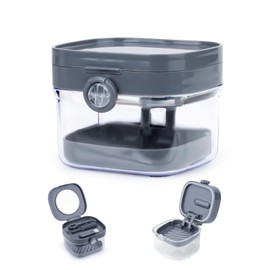 Diakey 2 in 1 Retainer Case, Denture Bath Mouth Guard Aligner Cleaner Case, Holder, Container, Organizer, Denture Cup with Mirror for Soaking False Teeth, Dark Gray