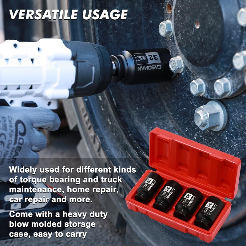 CASOMAN 1/2'' Drive Deep Spindle Axle Nut Impact Socket Set,