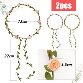BETESSIN 2 x Flower Wreath Hair Flower Crown Women Girls Boho Flowers Hair Band Bridal Roses Headband with Leaves Wedding Party Communion Birthday Headpiece Light Pink Champagne