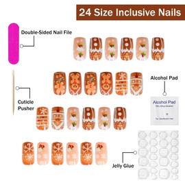SWEKKE Winter Glossy Glue on Nails - Medium Square Brown False Nails with Cute Ginger Bread Man & Snowflake Designs - 24 Pcs