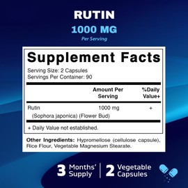 Vitamatic Rutin 1000mg Supplement, 90 Servings, Bioflavonoid, Free Radical Scavenger, Non-GMO, Gluten Free, Vegetarian