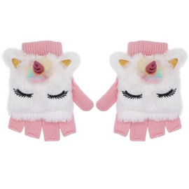 Newfancy Kids Unicorn Flip Top Gloves with Mitten Cover Knitted Winter Fingerless Convertible Mittens for Boy Girls Toddler, White Pink, One Size