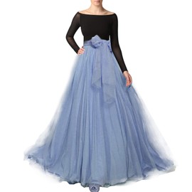 Women Maxi Long Tulle Skirt Floor Length with Bowknot High Waisted for Wedding Party Dress (Dusty Blue,Plus Size,US 16-26W)