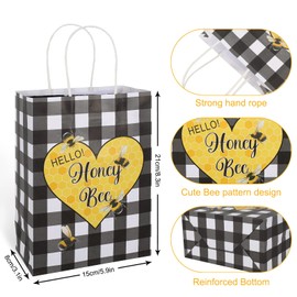 AnyDesign Summer Honey Bee Buffalo Plaids Paper Gift Bags with Handle 16Pcs Bee Theme Party Paper Bags Candy Goodie Treat Bags for Birthday Baby Shower Party Favor Supplies, 5.9 x 8.3 x 3.1 Inch