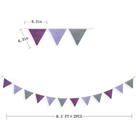2 Sets of Purple Grey Nursery Garland 24Pcs Grey Purple Fabric Linen Pennant Banner Flags Triangle Streamers for Baby Playroom Decor Kids Girls Lavender Birthday Baby Shower Boho Party Decorations