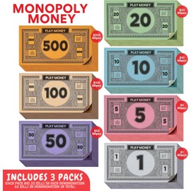 Play Money Compatible for Monoply Money 60 Each Bill Denomination, Mixed Colors: $1, $5, $10, $20, $50, $100, and $500 (3 Set)