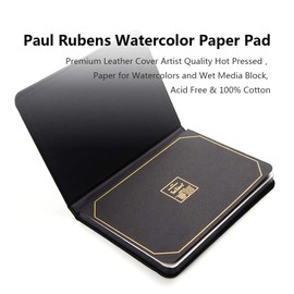 Paul Rubens Watercolor Paper Block, Premium Leather Cover Artist Quality Hot Pressed Paper for Watercolors and Wet Media Block, Acid Free & 100% Cotton, 10.63 x 7.68 inches, 140lb, 20 Sheets (Black)