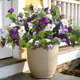 Grunyia Artificial Petunia Flowers - UV Resistant Realistic Faux Silk Petunias for Indoor Outdoor Garden Porch Balcony Yard Home Decor, Fade-Proof Fake Flower Arrangements (White+Purple)