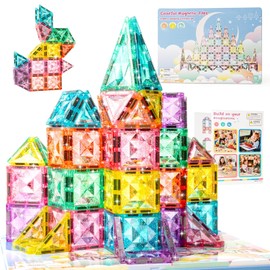 Magnetic Tiles Building Blocks for Kids Ages 3-8, Diamond Surface Travel Set with Metal Storage Box, 60PCS STEM Montessori Educational Learning Toys Gifts