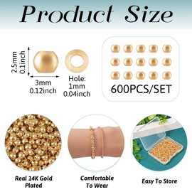 FASHEWELRY - 600 abalorio espaciadoras rellenas de oro de 14 quilates de 3 mm, redondas, sin costuras, de metal liso, abalorio de latón, mini abalorio de oro para hacer collares y pulseras