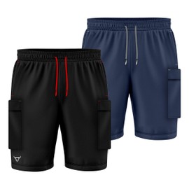 TORO ACTIVA 2 Packs Men's Athletic Cargo Shorts Breathable Quick Dry Fabric Drawstring Waist Velcro Cargo Pockets Reflective Logo Black Navy