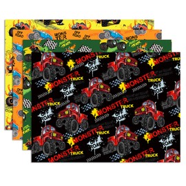 12 Sheets Monster Truck Wrapping Paper Set Off Road Vehicles Racing Car Gift Wrap Cartoon Racing Car Wrapping Paper Bulk Folded Flat Happy Birthday Gift Wrap Racing Car Art Paper for Boys Kids